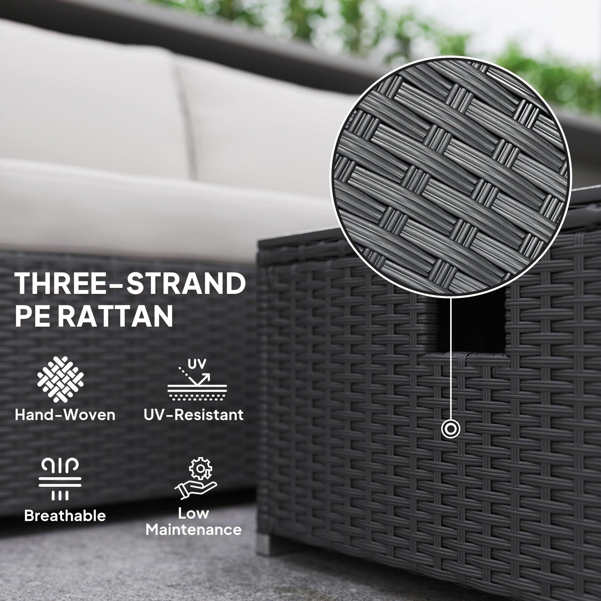 Outsunny 5 Piece Rattan Garden Furniture Set with Gas Fire Pit Table, 4 Seater Outdoor Sectional Sofa Set with Footstool and Removable Cushions, Modular Combination, Brown and Cream White