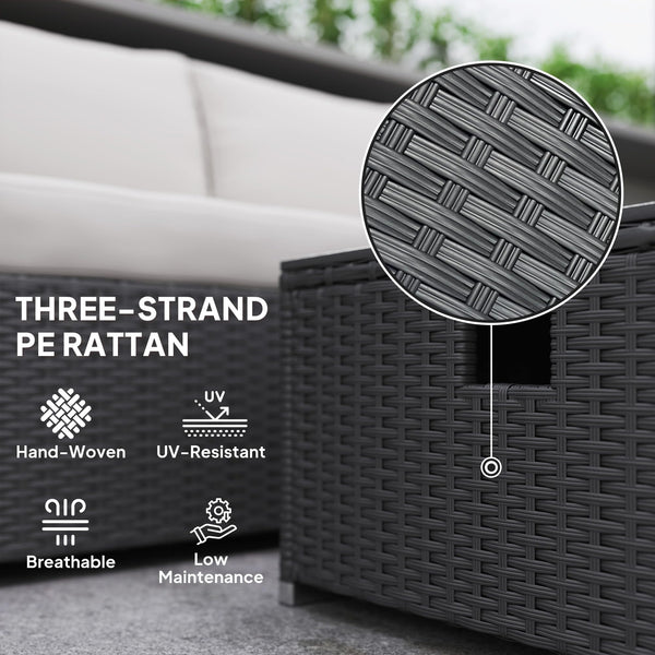 Outsunny 5 Piece Rattan Garden Furniture Set with Gas Fire Pit Table, 4 Seater Outdoor Sectional Sofa Set with Footstool and Removable Cushions, Modular Combination, Brown and Cream White