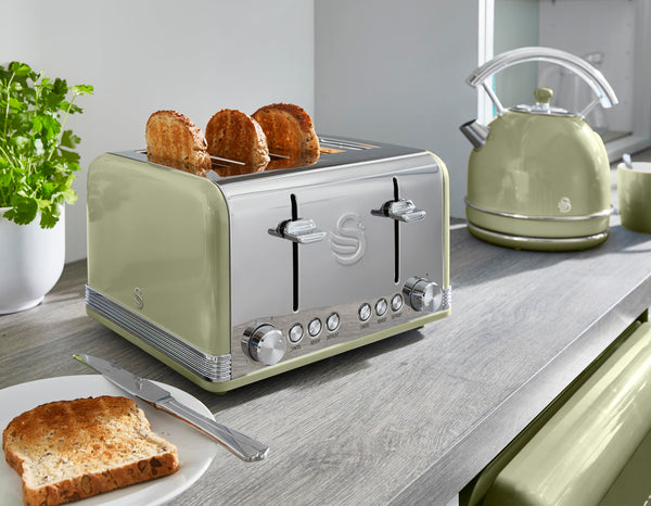 Swan ST19020GRN Retro 4-Slice Toaster with Defost/Reheat/Cancel Functions, Cord Storage, 1600W, Retro Grey
