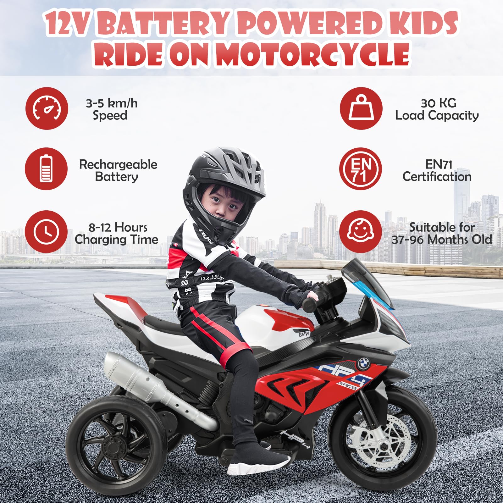 COSTWAY 12V Kids Electric Motorbike, Licensed BMW Ride on Motorcycle with Headlight, Music, Horn, MP3, USB Port, Battery Powered Vehicle Toy for 37-96 Months (Red)