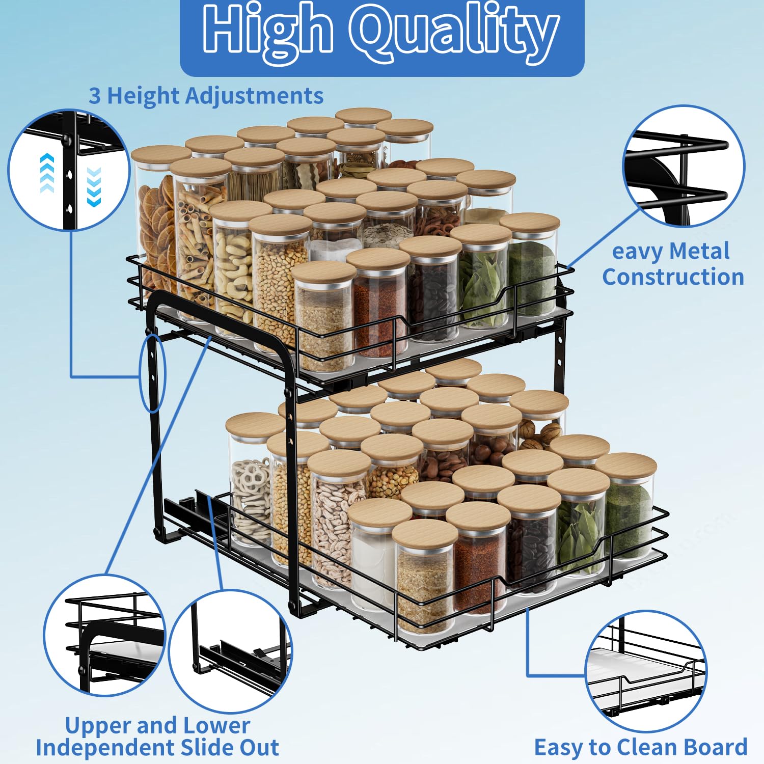 AIRUJIA Pull Out Cabinet Organizer - Height Adjustable 2-Tier Spice Rack, Heavy Duty Metal, Kitchen Storage Shelf for Inside Cupboard,