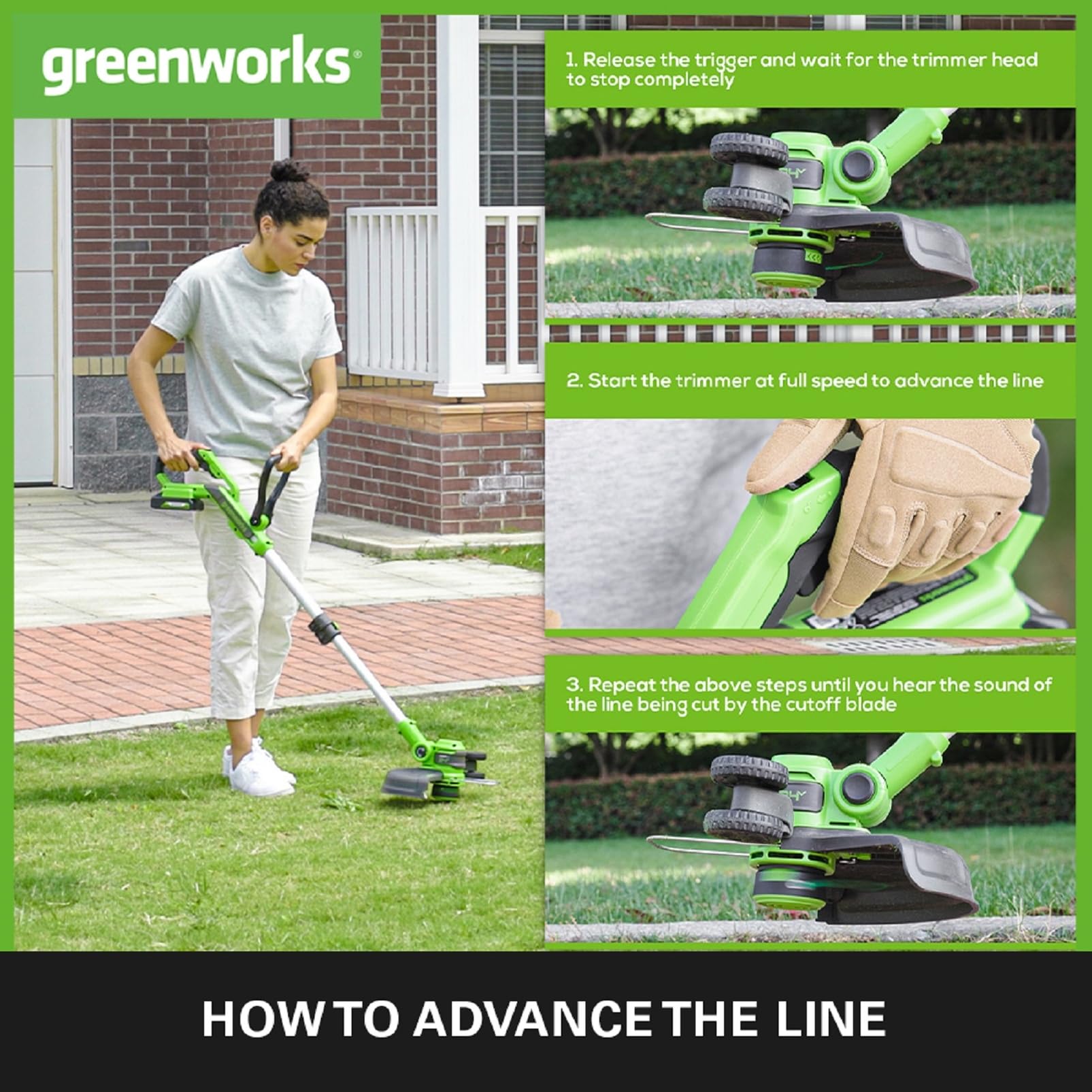 Greenworks 40V Cordless Strimmer Lawn Edger With Wheel For Small To Medium Gardens, 33cm Cutting Width, Autofeed 1.65mm Nylon Line, WITHOUT 40V