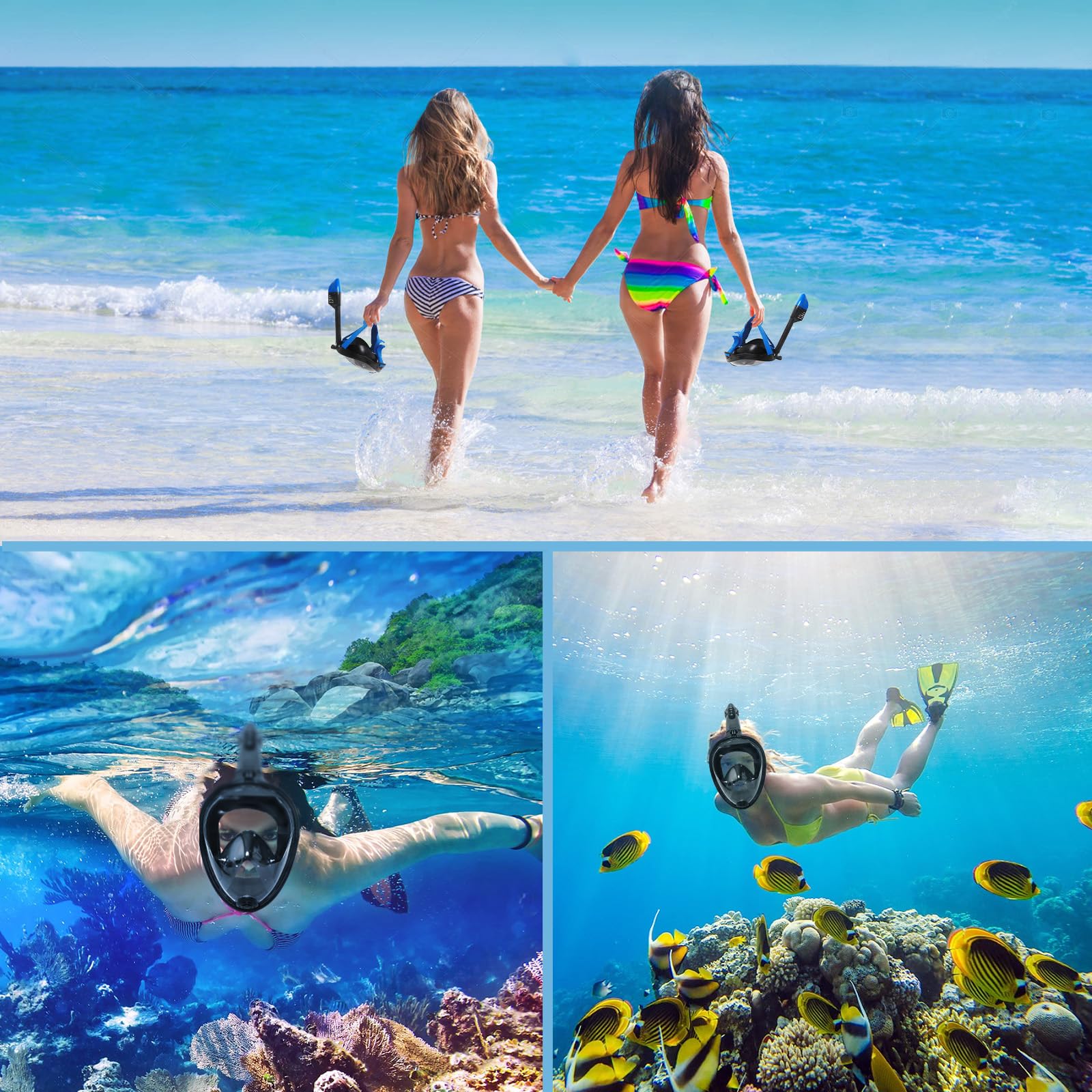 Jsdoin Snorkel Mask Full Face,180°view Design - Anti-fog, Anti-leak Technology - Sports Camera Compatible - for a Safe Adults and Kids Snorkeling Experience