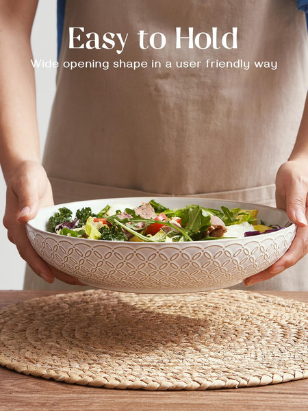 DOWAN Pasta Bowls Set of 4, 1660ml Large Salad Bowl, 25.2cm Wide and Shallow, Deep Soup Plates for Kitchen, Embossment Ceramic Serving Plate for