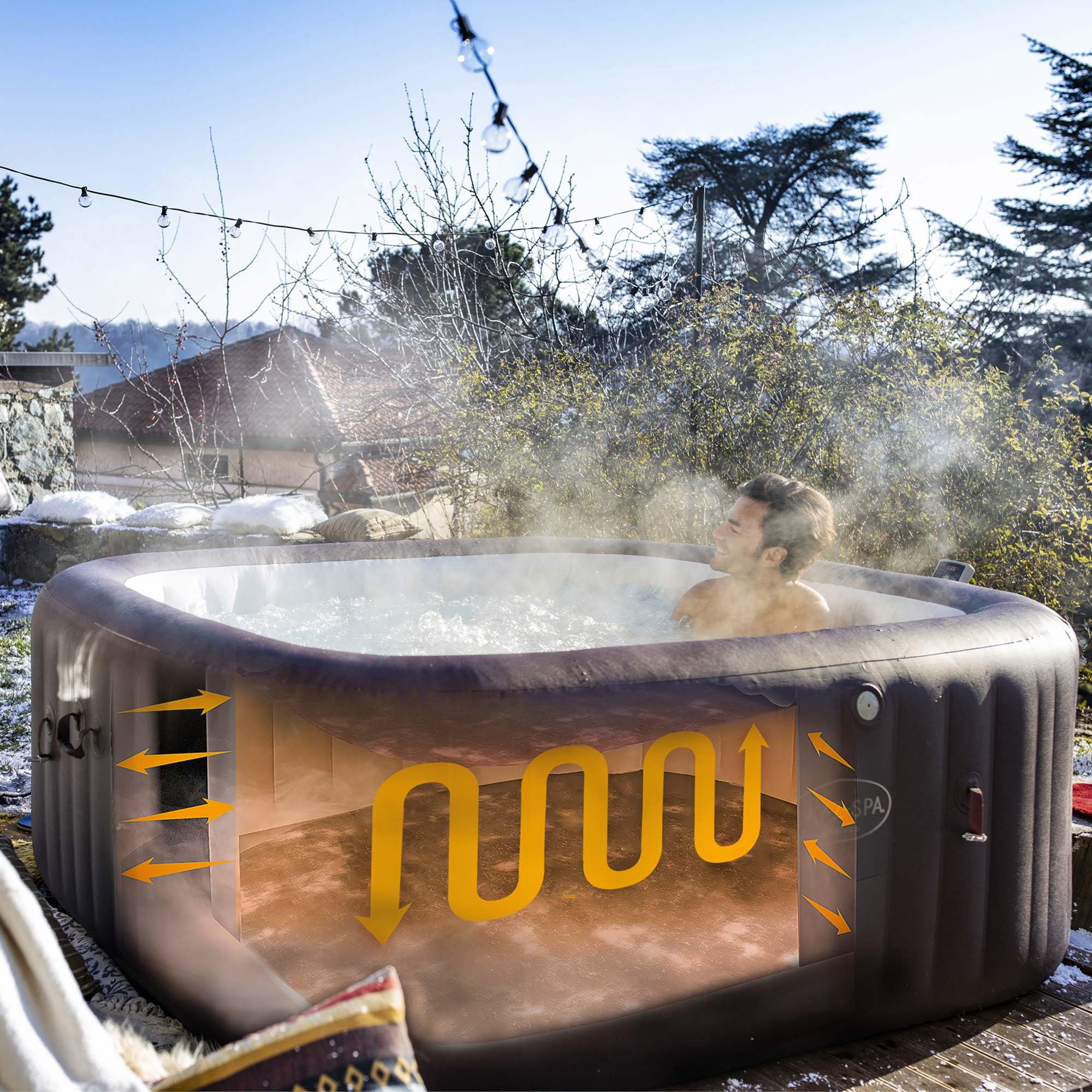 Lay-Z-Spa Santorini Pro Built in LED Light, 10 HydroJet System, Integrated Seats and Foot Massager Inflatable Hot Tub with Freeze Shield Technology, 5-7 Person, Grey