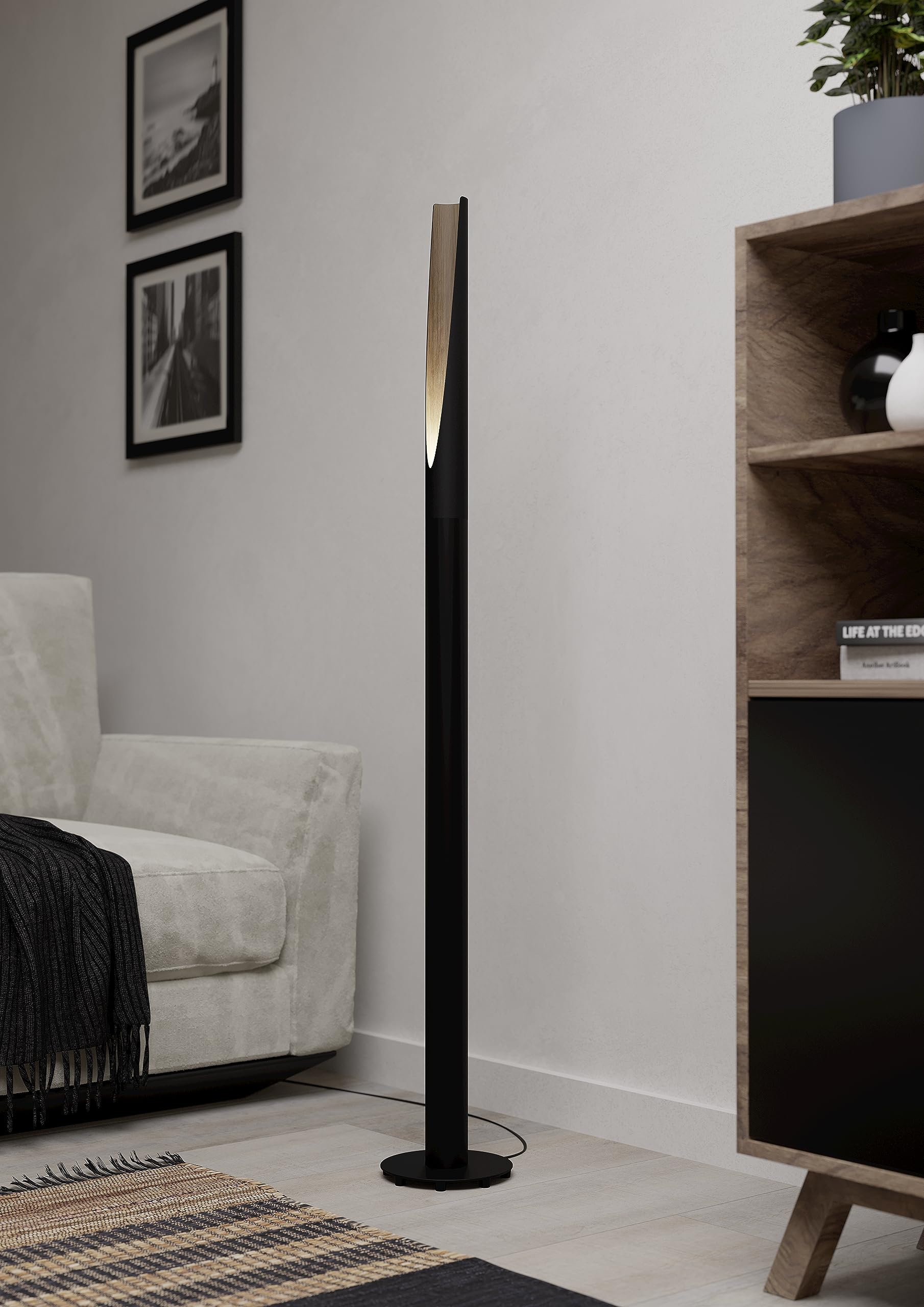 Eglo LED Floor lamp Barbotto, Elegant Corner floorlamp, Standing lamp Made of Steel in Black and Wood in Natural Colour, FSC Certified, Living Room