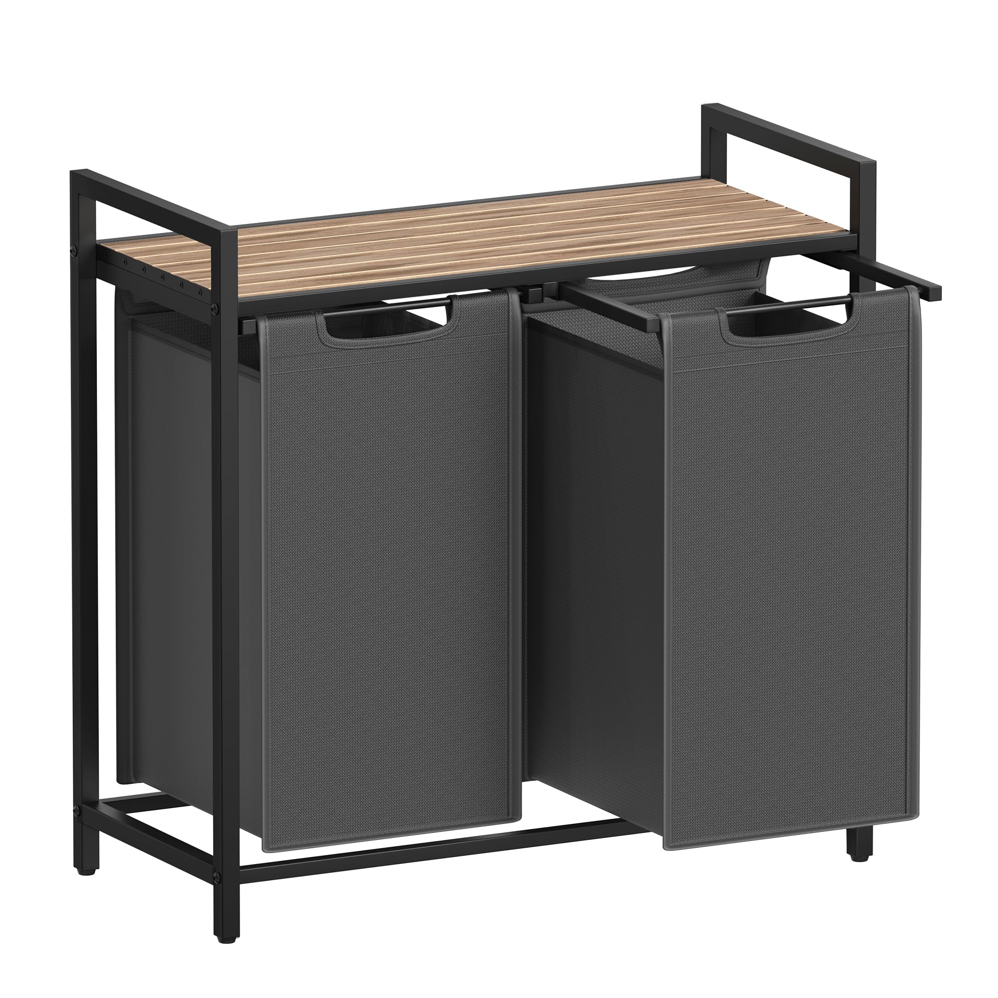 VASAGLE Laundry Basket, Laundry Hamper, Pull-Out and Removable Liner Bag, Shelf, Metal Frame, 65 L, 50 x 33 x 72 cm, Ink Black and Rustic Brown BLH101B01