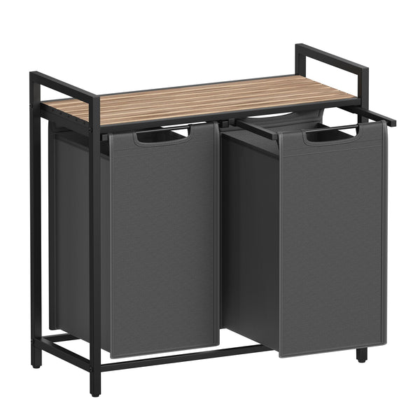 VASAGLE Laundry Basket, Laundry Hamper, Pull-Out and Removable Liner Bag, Shelf, Metal Frame, 65 L, 50 x 33 x 72 cm, Ink Black and Rustic Brown BLH101B01