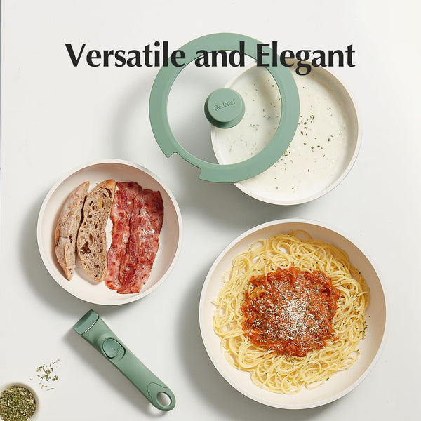 Redchef Ceramic Pots and Pans Set Non Stick, 16 pcs Nonstick Cookware Set with Detachable Handle, Non Toxic, PFAS PFOA & PTFE Free, RV Ceramic Cookware Set for Camping, Oven Safe (Pink)