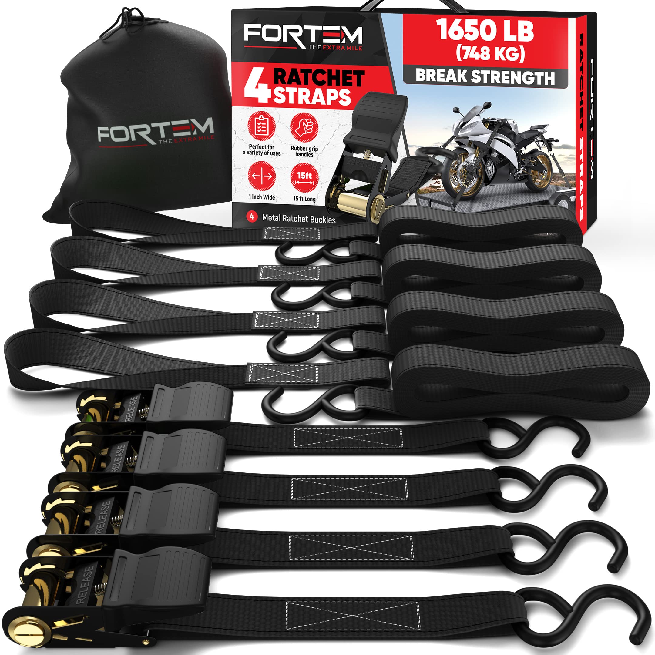 FORTEM Ratchet Straps, 748kg Break Strength, 4 Pack 4.6m x 2.54cm Tie Down Strap Set, 4 Soft Loops, Motorcycle Straps Tie Downs, Cargo Cam Buckles, Rubber Handles, Carry Bag