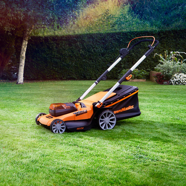 LawnMaster 48V 46cm Cordless Lawnmower with a Set of 2 MX 24V 4.0Ah Batteries, 2x Fast Chargers, Rear Roller, Grass Side Eject and Mulching Function. Battery Lawnmower for Larger Lawns.