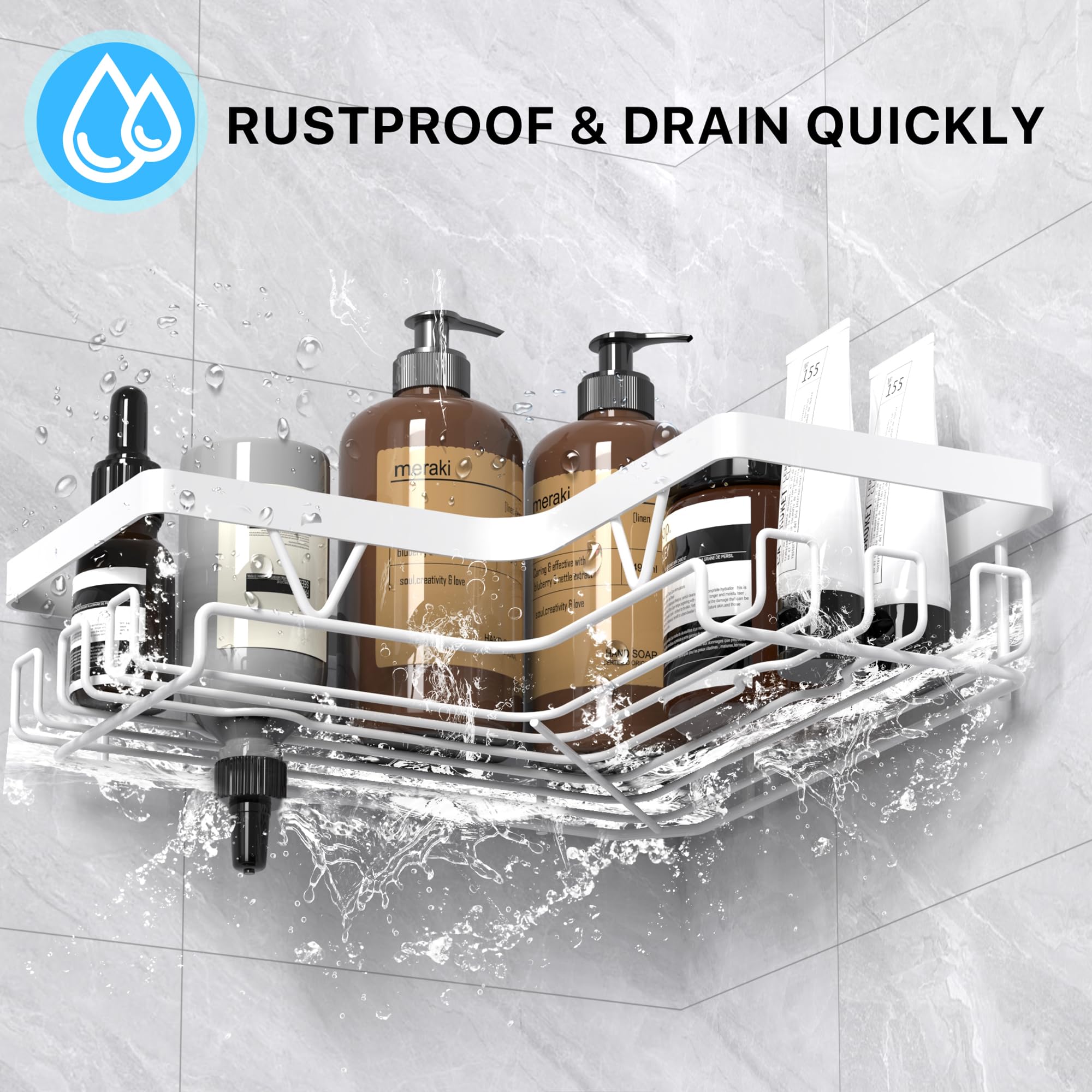 Kegii Telescopic Shower Caddy Corner - Stainless Steel Shower Shelf No Drilling Bathroom Caddy with Soap Holder and Hooks(White), On The Bath or Stand Up Shower