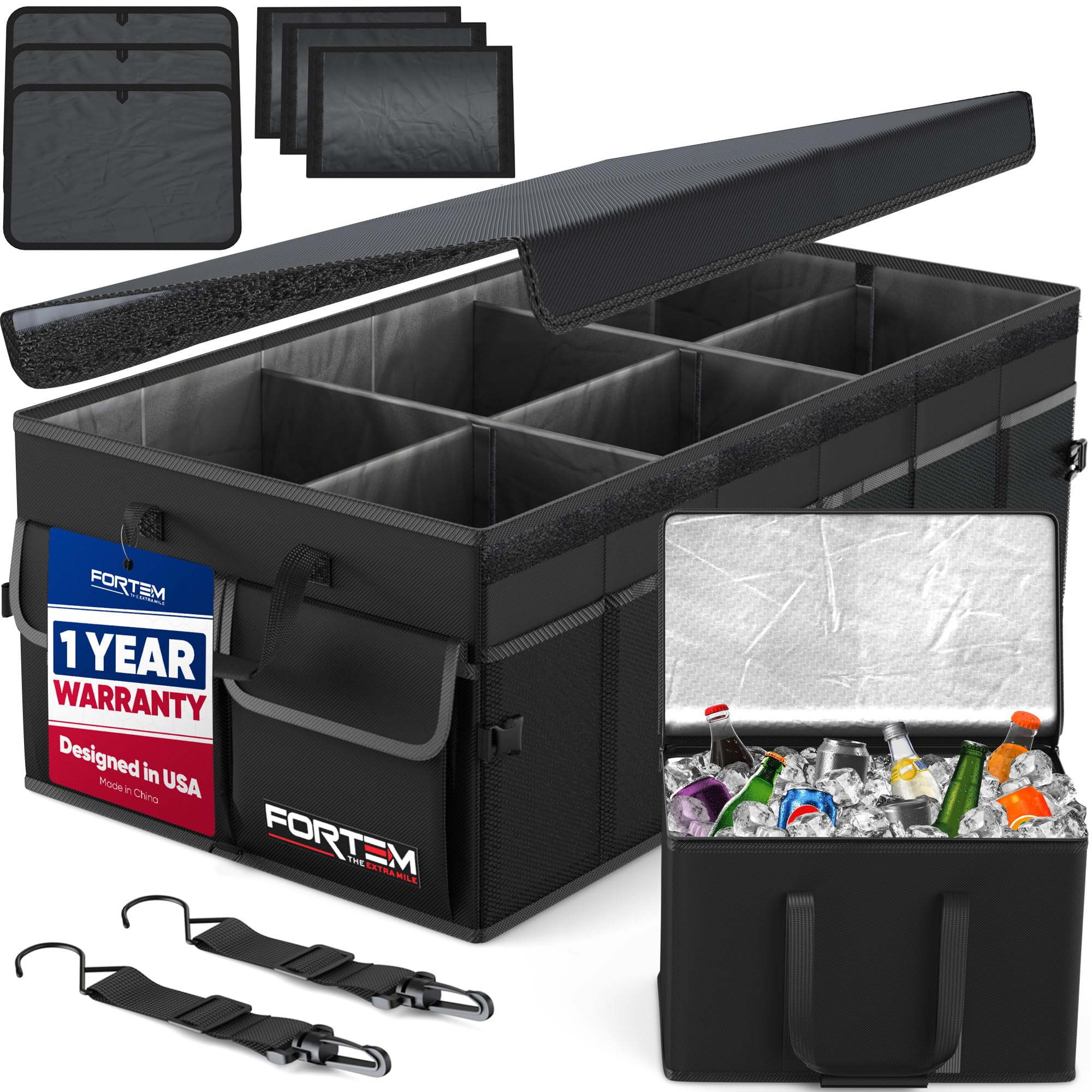 FORTEM Car Boot Organiser, Collapsible Multi Compartment SUV Organizer, Foldable Storage for Car Accessories for Women Men, 600D Oxford, Non Slip Bottom, Securing Straps, Soft Cover (50L)