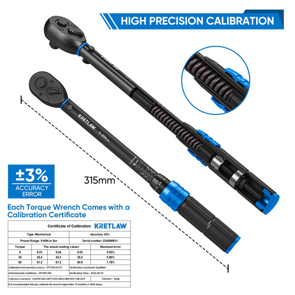 KRETLAW 3/8" Torque Wrench Set 30PCs, 5-60 Nm Drive Click Torque Wrench (72 Teeth ±3% Accuracy) with Extensions, Sockets, Adapter for Bike and Motorcycle Car Truck Maintenance