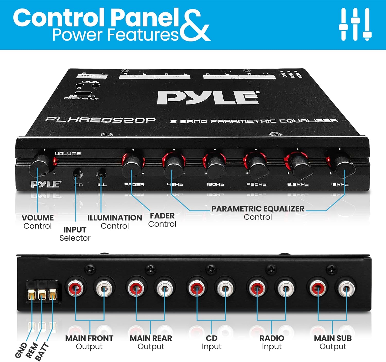 Pyle Car Audio Equalizer, Half-DIN 5-Band Parametric Equalizer with Subwoofer Gain Control, RCA AUX Input, Preamp Outputs, Fader, Adjustable Frequency, LED Illumination, 12V Trigger (7” x 4” x 1”)