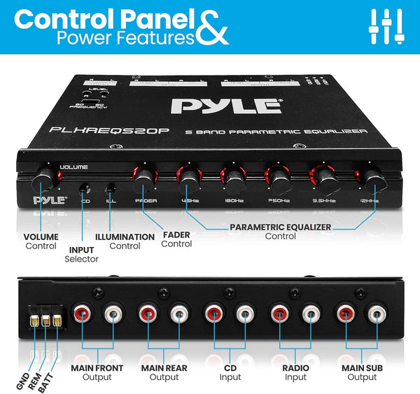 Pyle Car Audio Equalizer, Half-DIN 5-Band Parametric Equalizer with Subwoofer Gain Control, RCA AUX Input, Preamp Outputs, Fader, Adjustable Frequency, LED Illumination, 12V Trigger (7” x 4” x 1”)
