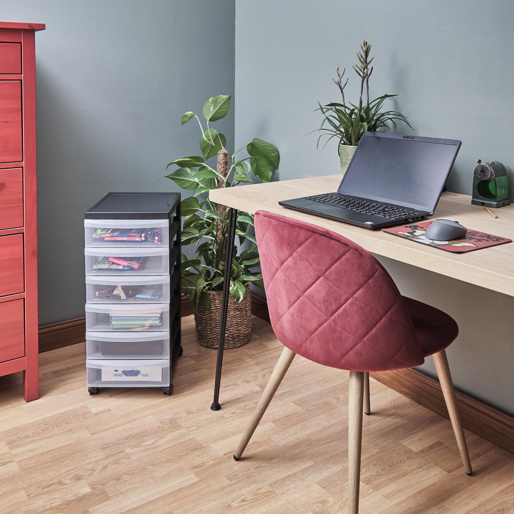 Iris Ohyama, Plastic Drawers Storage Unit, Plastic Storage Drawers, A4 Format & 4 Wheels, H61.5cm/6 Drawers, BPA Free, Black, W40 x D29 x H61.5cm,