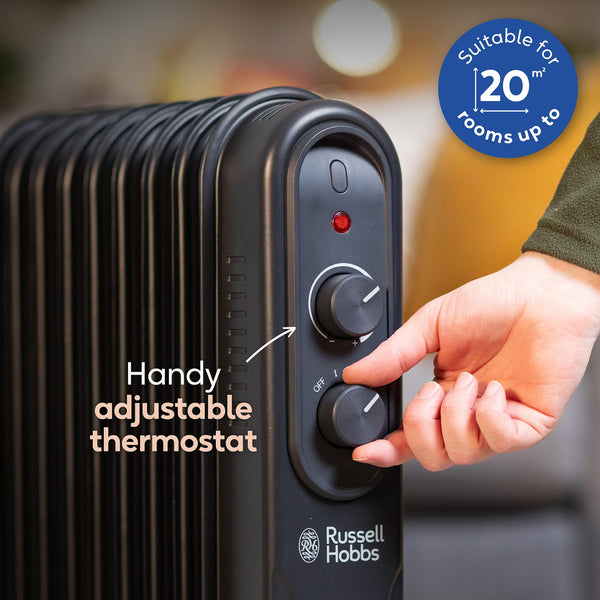 Russell Hobbs 1500W/1.5KW Oil Filled Radiator, 7 Fin Portable Electric Heater - Anthracite, Adjustable Thermostat, 3 Heat Settings, Overheat Protection, 15m sq Room Size, 2 Year Guarantee RHOFR7004A
