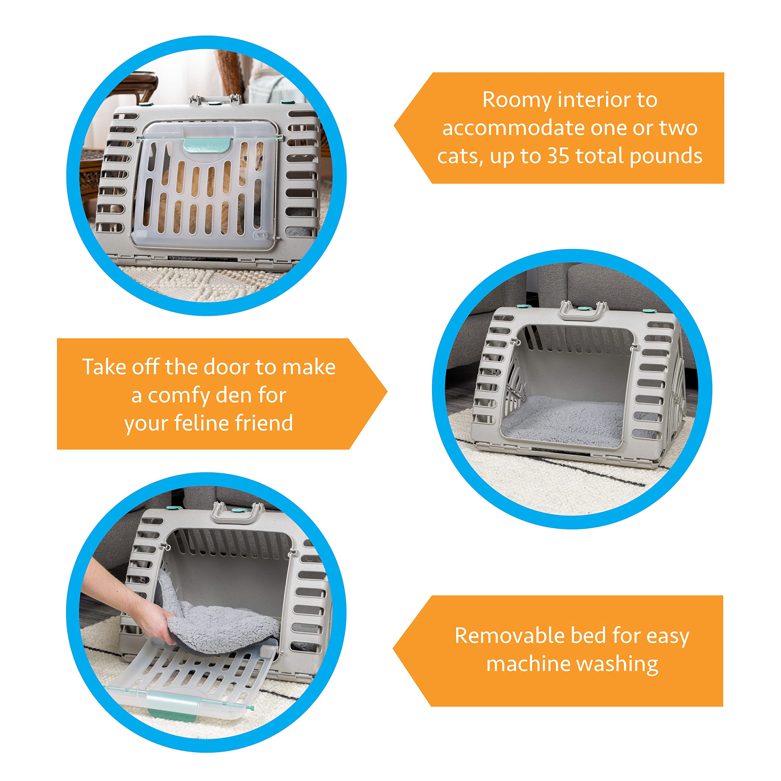 SportPet Designs Foldable Travel Cat Carrier - Front Door Plastic Collapsible Carrier Collection, Waterproof Bed