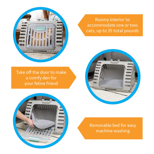 SportPet Designs Foldable Travel Cat Carrier - Front Door Plastic Collapsible Carrier Collection, Waterproof Bed