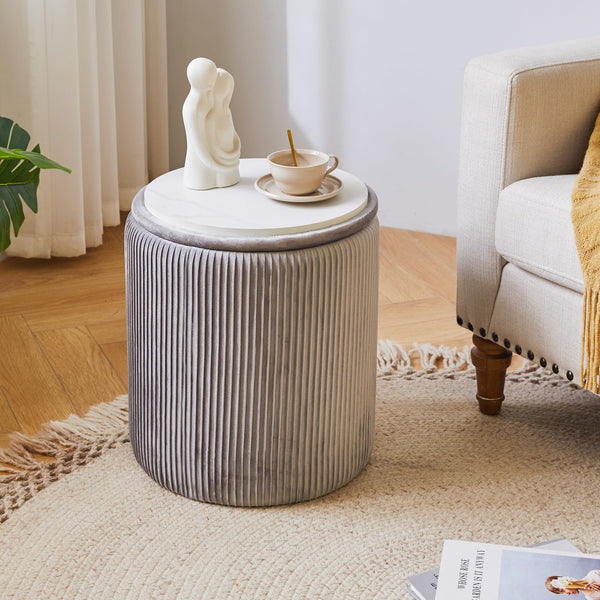 IBUYKE Set of 2 Round Ottoman with Storage, Velvet Vanity Stool for Makeup, Modern Padded Seat Coffee Table, Multipurpose Footrest Stool for Living