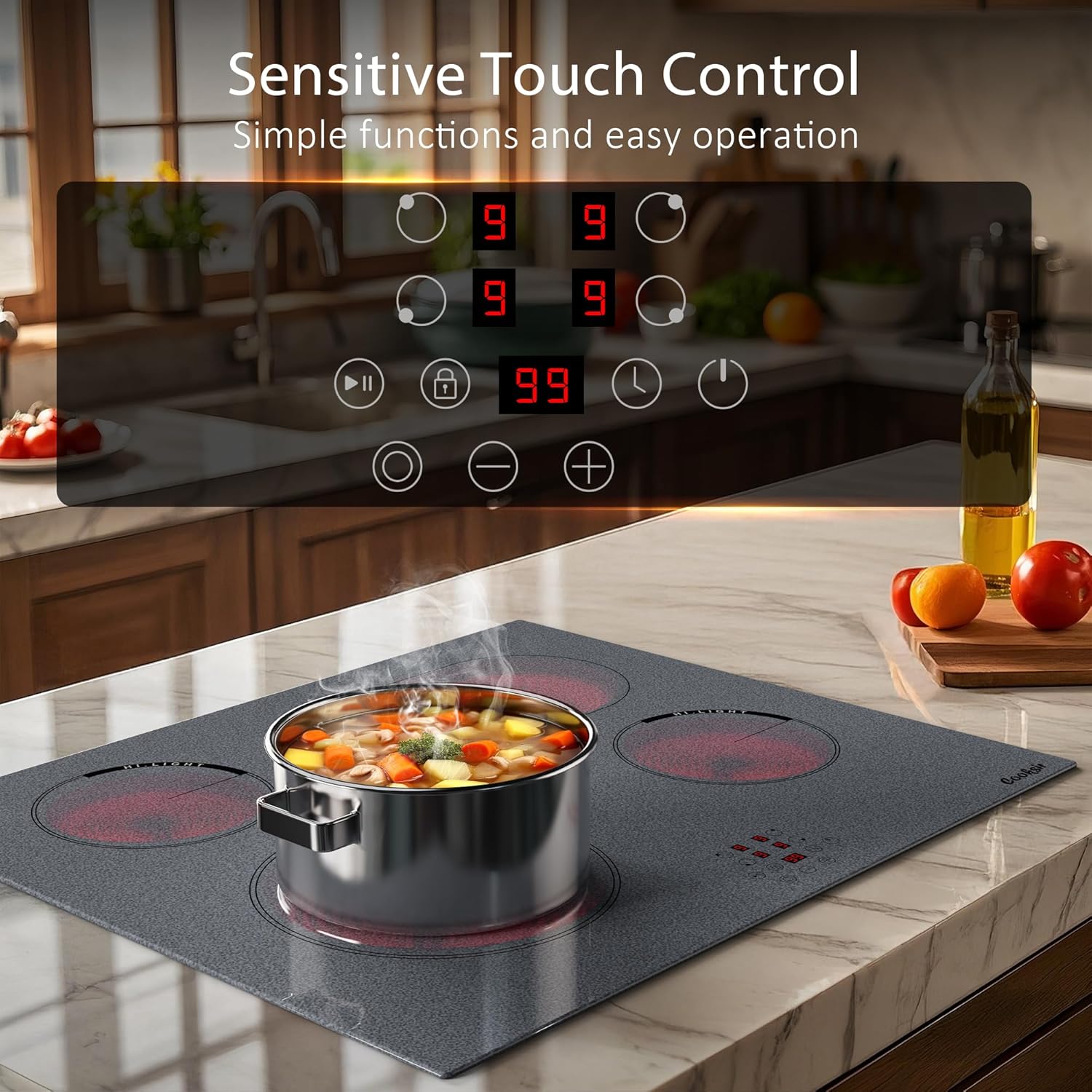 Cooksir Electric Hob 60cm, Ceramic Hob 4 Ring 6700W, Electric Hob 4 Zone with Expandable Dual and Oval Zone, Built-in Hob with Frame, Timer, Safety Lock, 220-240V(No Plug)