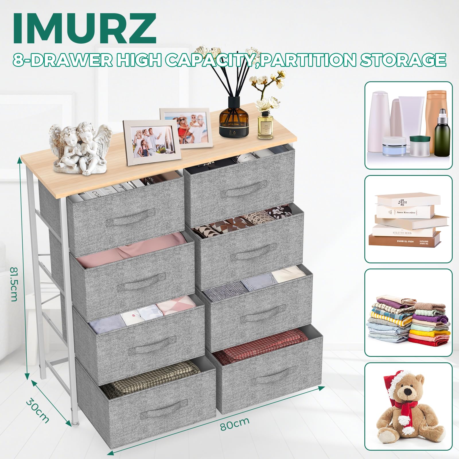 IMURZ Chest of Drawers,Fabric Storage Drawers wtih 8 Units Large Storage Space,Sturdy Steel Frame Chest of Drawers Bedroom for Living Room, Hallway