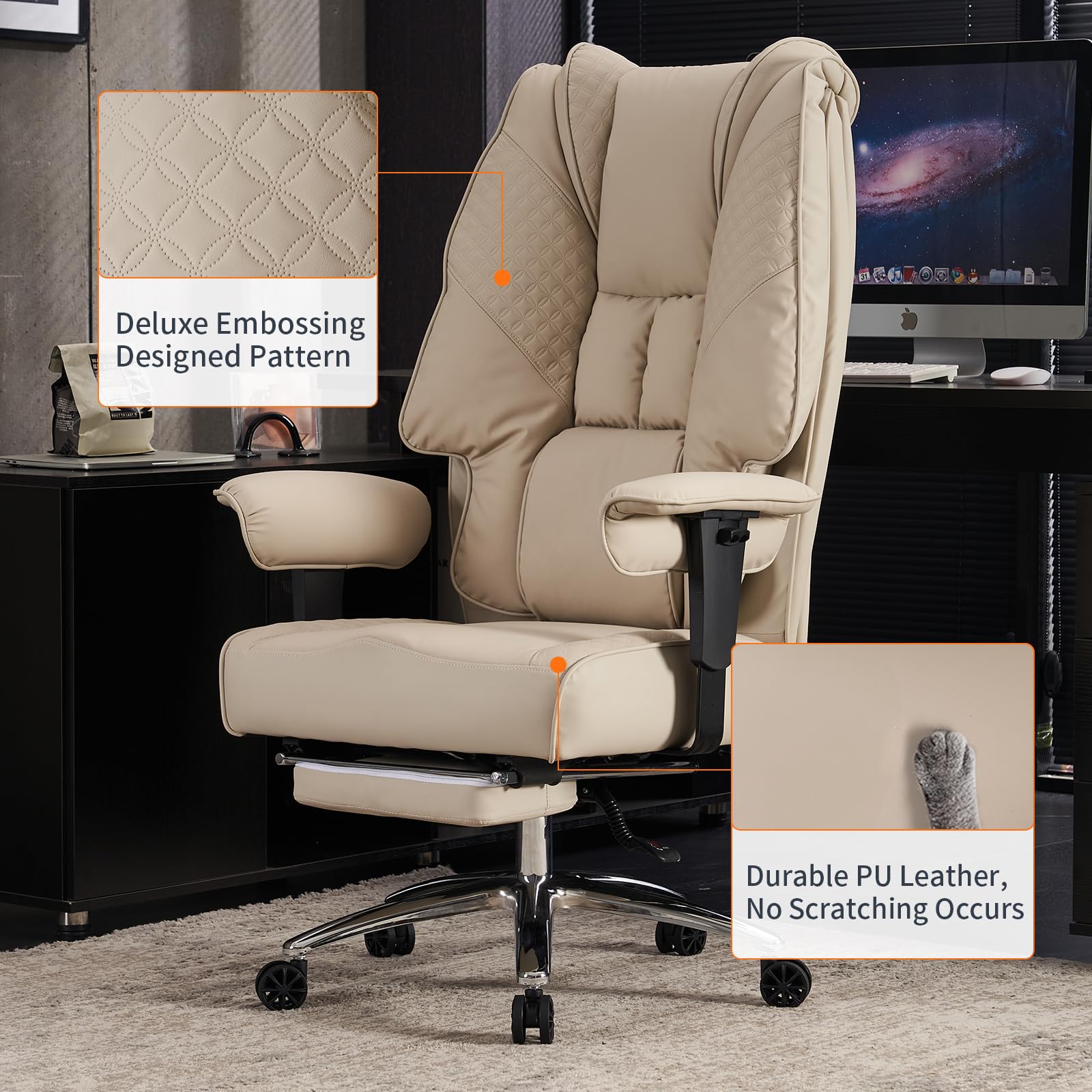 EXCEBET Ergonomic Office Chair – High Back PU Leather Executive Desk Chair with Adjustable Armrests, Swivel Computer Chair for Home/Office, Heavy Duty Support up to 400 lbs