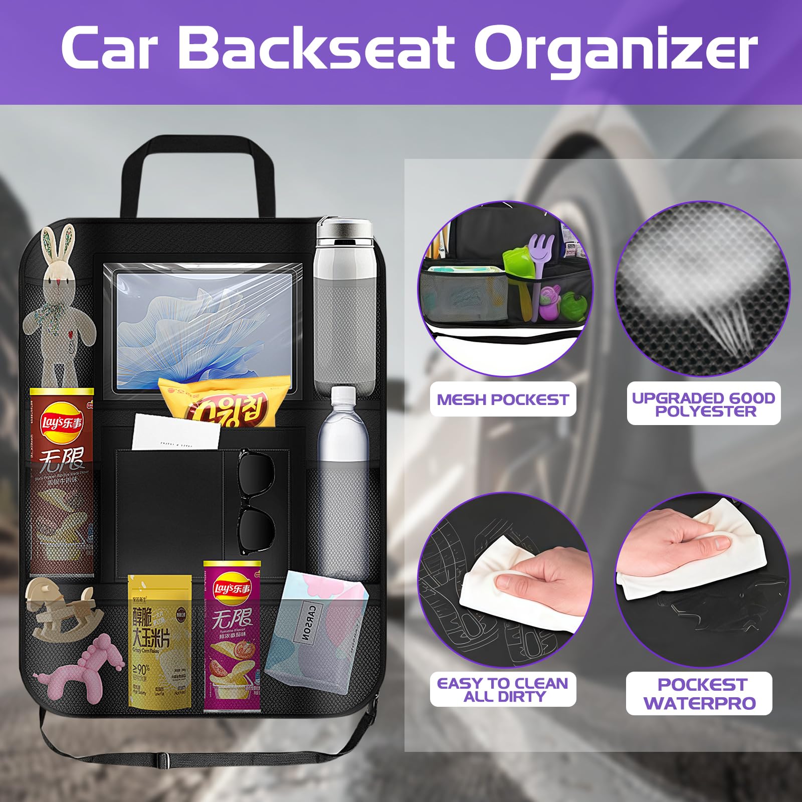 Resszo Car Organiser,Car Seat Organiser for Kids with Tablet Holder, Multifunctional WaterProof Back Seat Protector with 10.5 iPad Foldable Tray Table, 6 Pockets Toy Storage