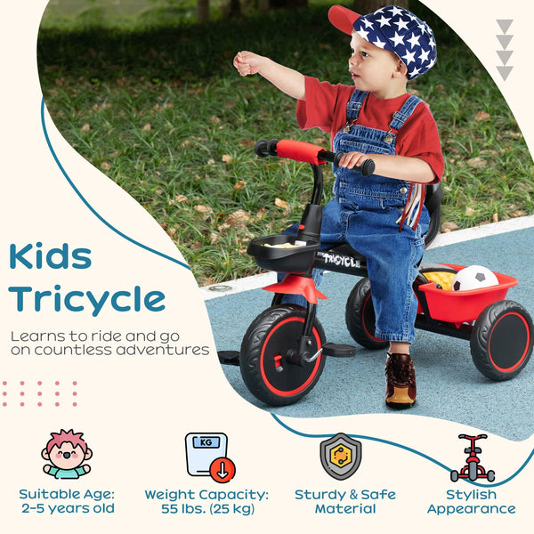 AIYAPLAY Kids Trike, Toddler Tricycle for 2 to 5 Years, with Adjustable Seat, Pedal, Front Rear Baskets, 3 Wheels Kids Bike Gift for Boys and Girls, Red