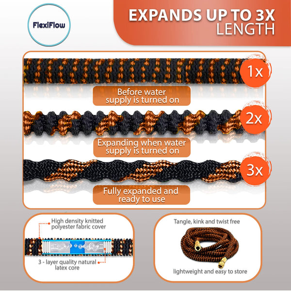 Flexiflow Expandable Garden Hose with 10 Function Spray Gun | Expandable Hose - 15m / 50 feet