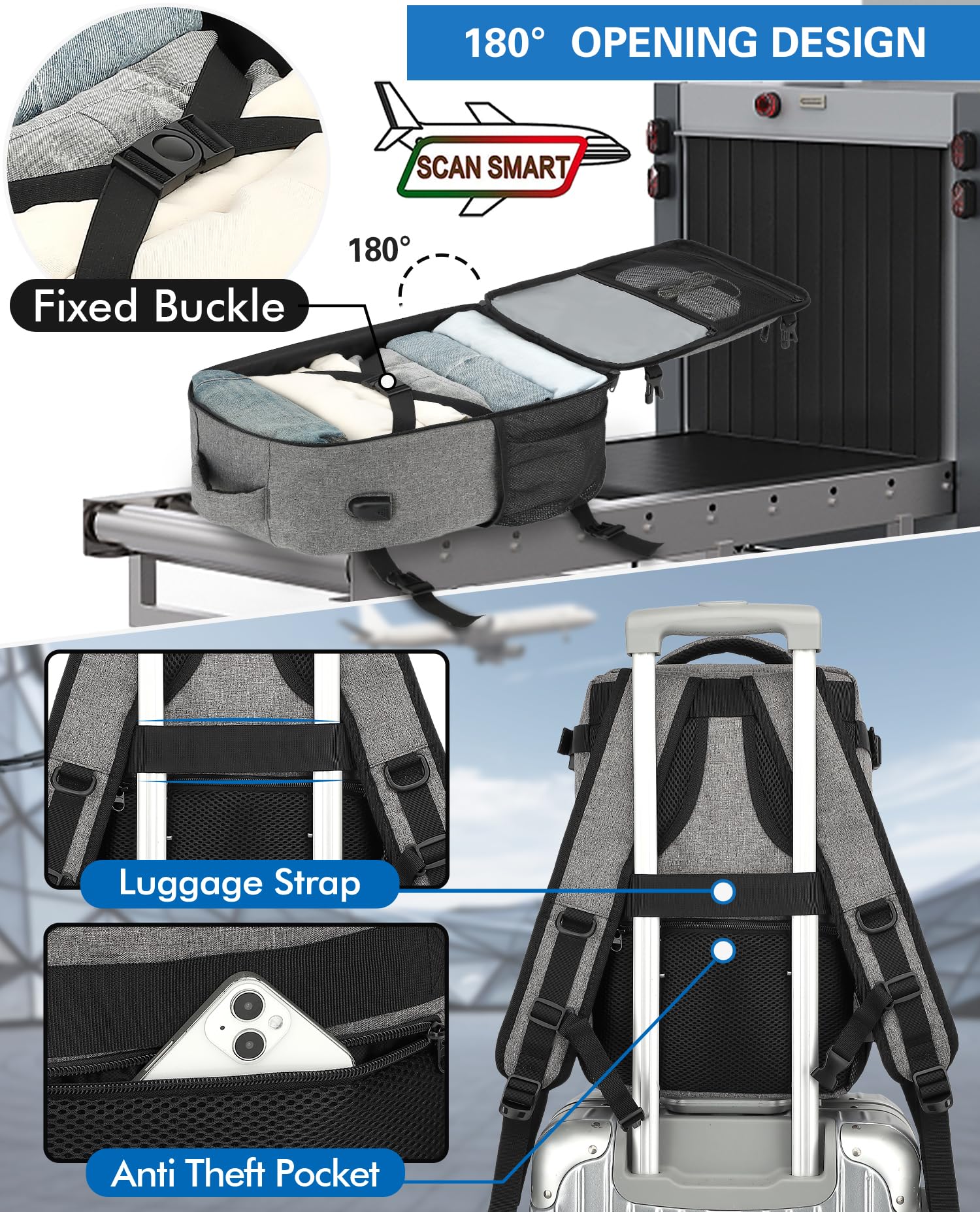 KLOSTAIN for Easyjet Cabin Bag 45x36x20 Travel Backpack Hand Luggage Carry-ons Bag Laptop Backpack Ruscksack for Airplanes Flight New Easyjet Underseat Cabin Bags Fit 14" Laptop Navy