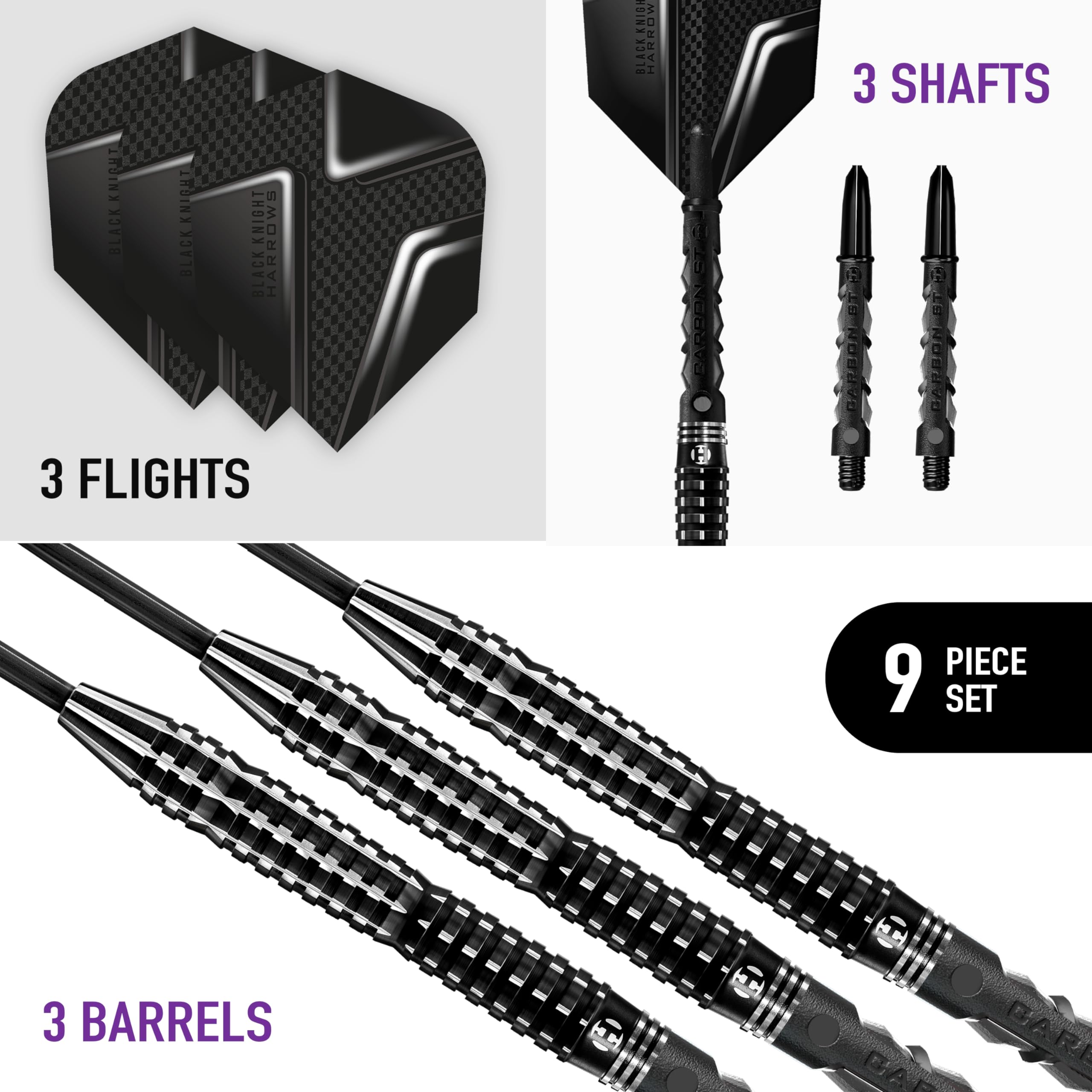 Harrows Black Knight 90% Tungsten Steel Tip Darts Set, 21g - 26g - Includes Black Carbon ST Midi Shafts & Micron Black Knight Flights (25g)