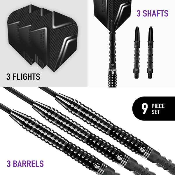 Harrows Black Knight 90% Tungsten Steel Tip Darts Set, 21g - 26g - Includes Black Carbon ST Midi Shafts & Micron Black Knight Flights (22g)