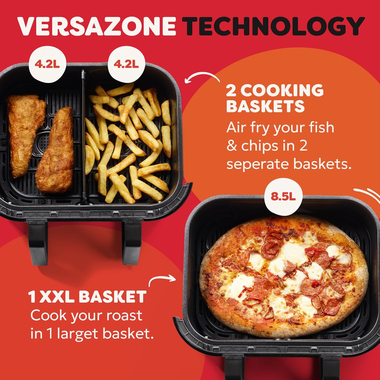 Instant Pot - Versazone Dual Black Air Fryer - Large 8.5L, Family Size - Single Double Basket with Divider - 8 in 1 - Food Dehydrate, Grill, Bake, Roast, Reheat, Non-Stick, Easy Clean, Dishwasher Safe