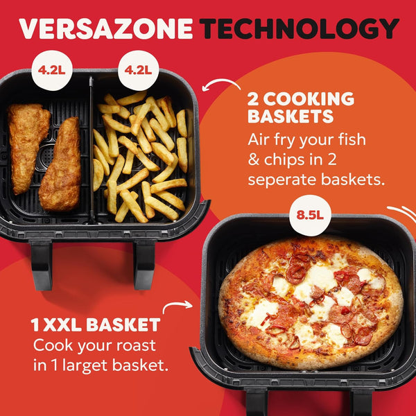 Instant Pot - Versazone Dual Black Air Fryer - Large 8.5L, Family Size - Single Double Basket with Divider - 8 in 1 - Food Dehydrate, Grill, Bake, Roast, Reheat, Non-Stick, Easy Clean, Dishwasher Safe