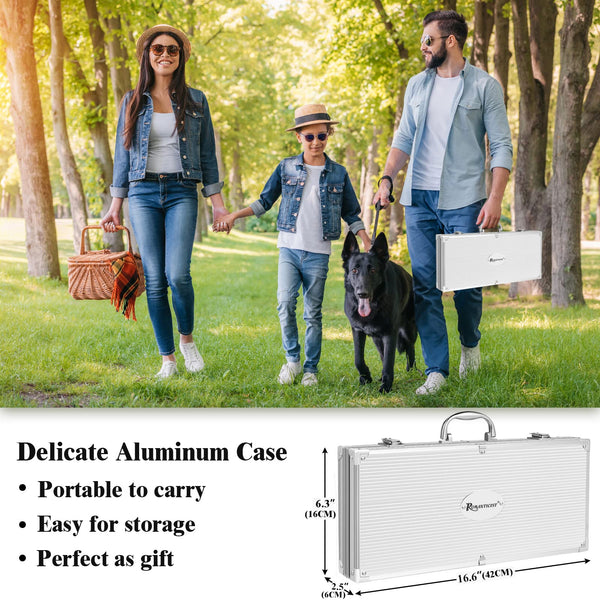 ROMANTICIST 26pcs Extra Thick Stainless Steel Grill Tool Set for Men, Heavy Duty Grilling Accessory Kit for Backyard, BBQ Utensils Gift Set with Meat Thermometer in Aluminum Case for Birthday Brown