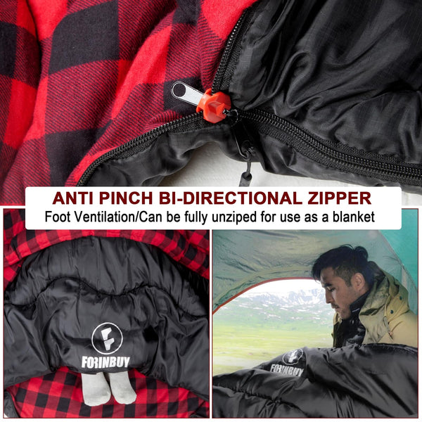 FORINBUY Winter Cotton Flannel Double Sleeping Bag for Adults - 0 degree Queen Size 2 Person Sleeping Bag, Waterproof & Warm for Cold Weather, Ideal for Couples, Family Camping & RV Travel