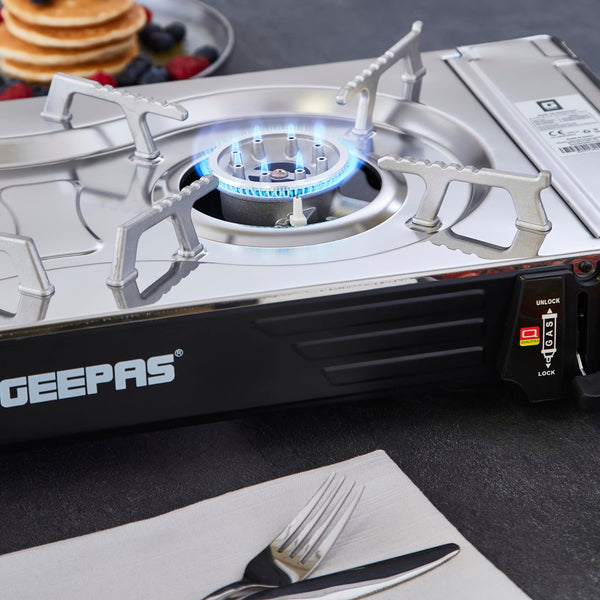Geepas Gas Stove Single Burner – Portable Camping Stove BBQ Cooker with Carry Case, Outdoor Grill Plate – Automatic Ignition System, Enamel Pan Support, Butane Can or LPG Gas Source