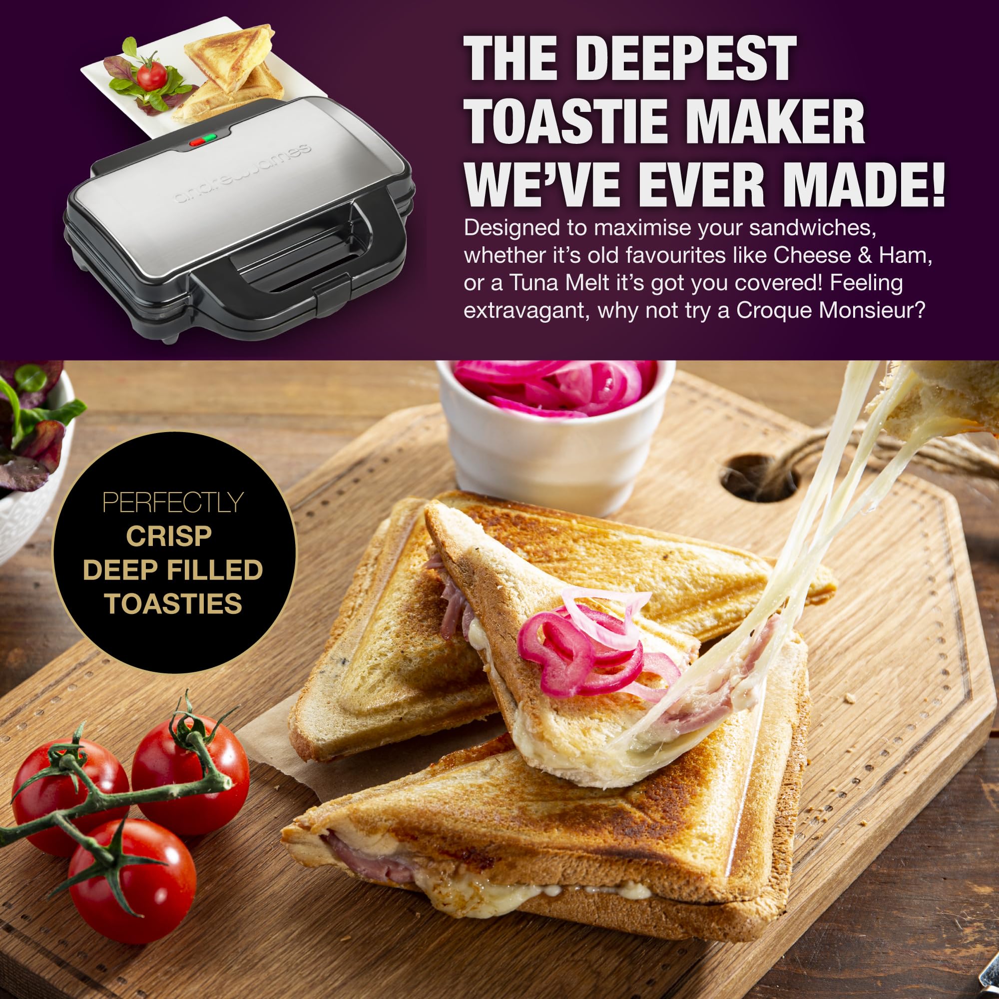 Andrew James Electric Deep Fill Toasted Sandwich Maker Grill, 4 Slice Triangle Press with Cool Touch Handle, Non-Stick Plates for Thick Cheese