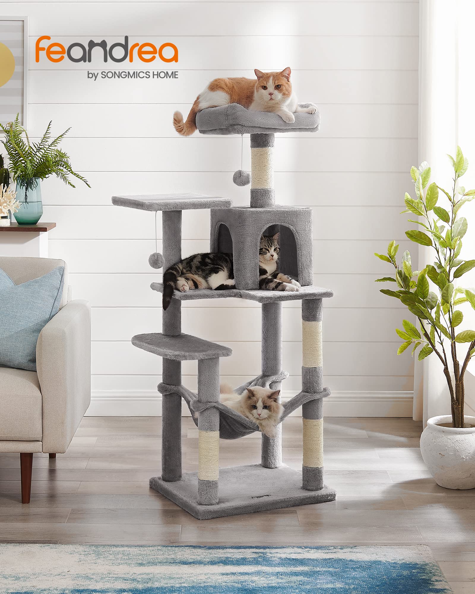 Feandrea Cat Tree, 143 cm Cat Tower for Indoor Cats, Multi-Level Plush Cat Condo with 4 Scratching Posts, 2 Perches, Cave, Hammock, Pompoms, Light