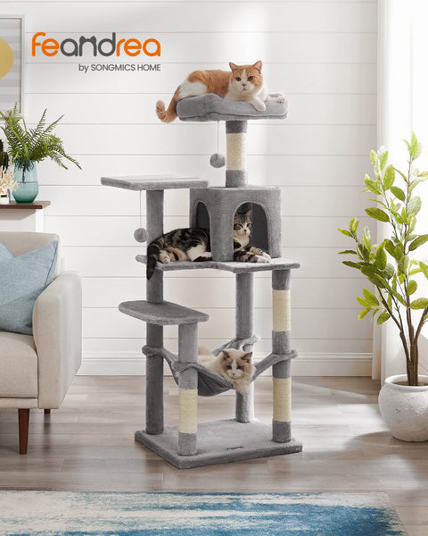 Feandrea Cat Tree, 143 cm Cat Tower for Indoor Cats, Multi-Level Plush Cat Condo with 4 Scratching Posts, 2 Perches, Cave, Hammock, Pompoms, Light