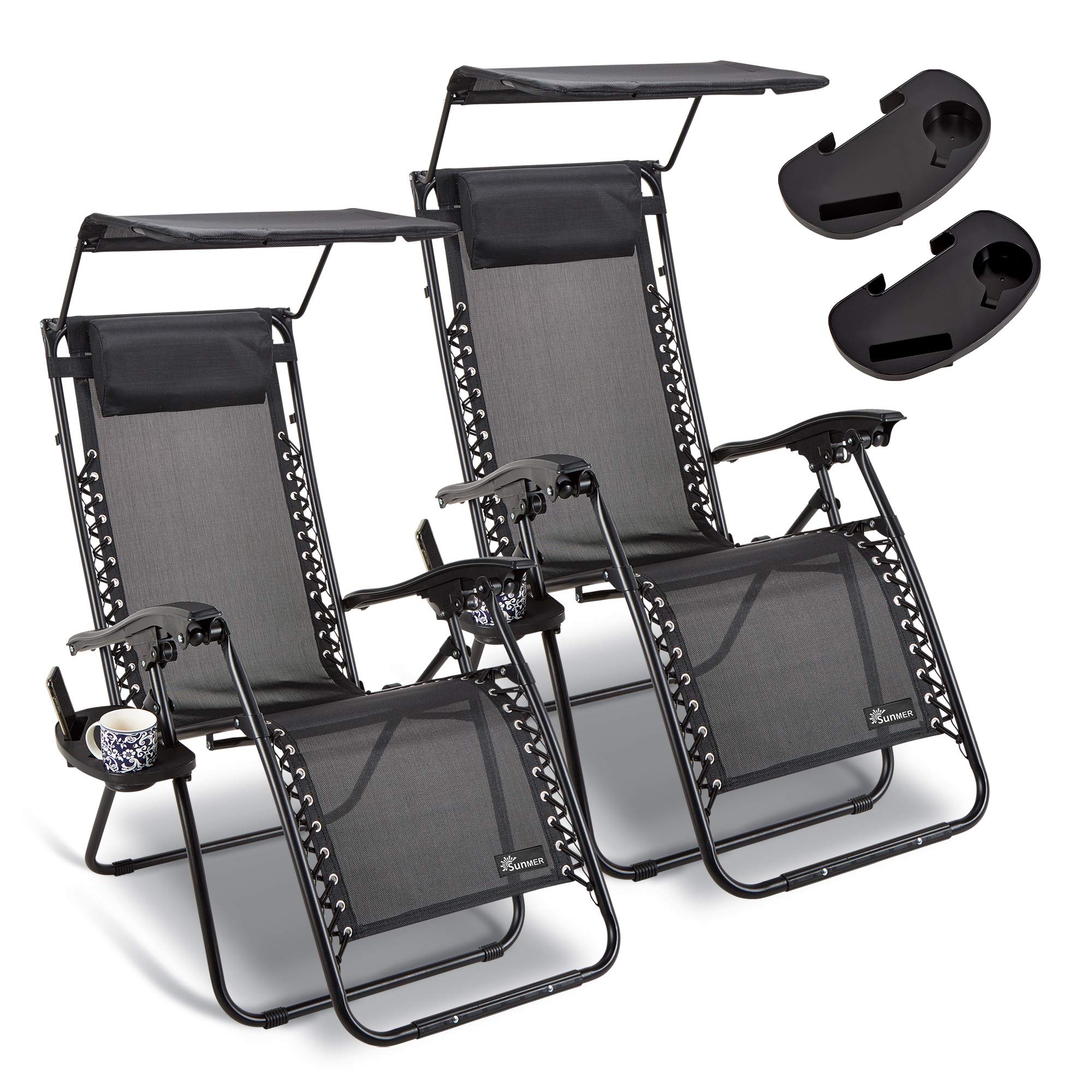 Set of 2 Sun Lounger Garden Chairs With Cup And Phone Holder | Adjustable Headrest Pillow | Deck Folding Recliner Zero Gravity Outdoor Chair - Black