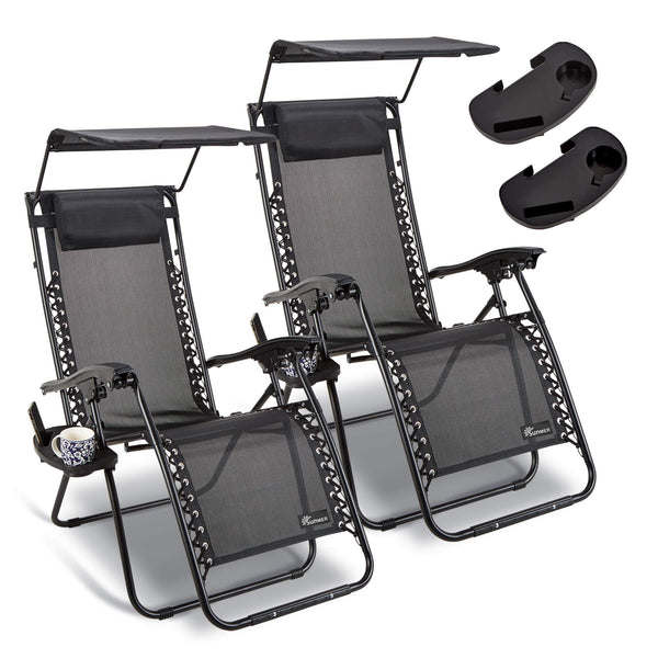 Set of 2 Sun Lounger Garden Chairs With Cup And Phone Holder | Adjustable Headrest Pillow | Deck Folding Recliner Zero Gravity Outdoor Chair - Black
