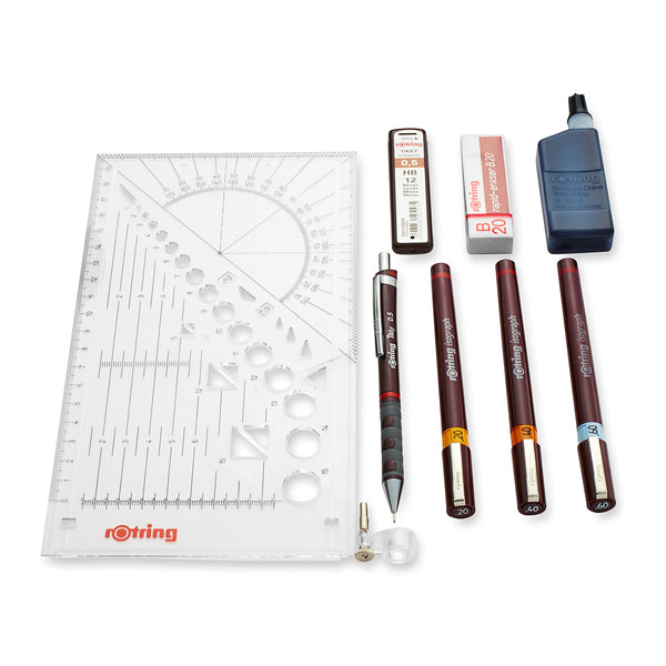 rOtring Isograph Pen Set Technical Pen & Pencil College Set | 3 Pens (0.20mm0.30mm0.50mm) and Mechanical Pencil (0.5mm) + Accessories