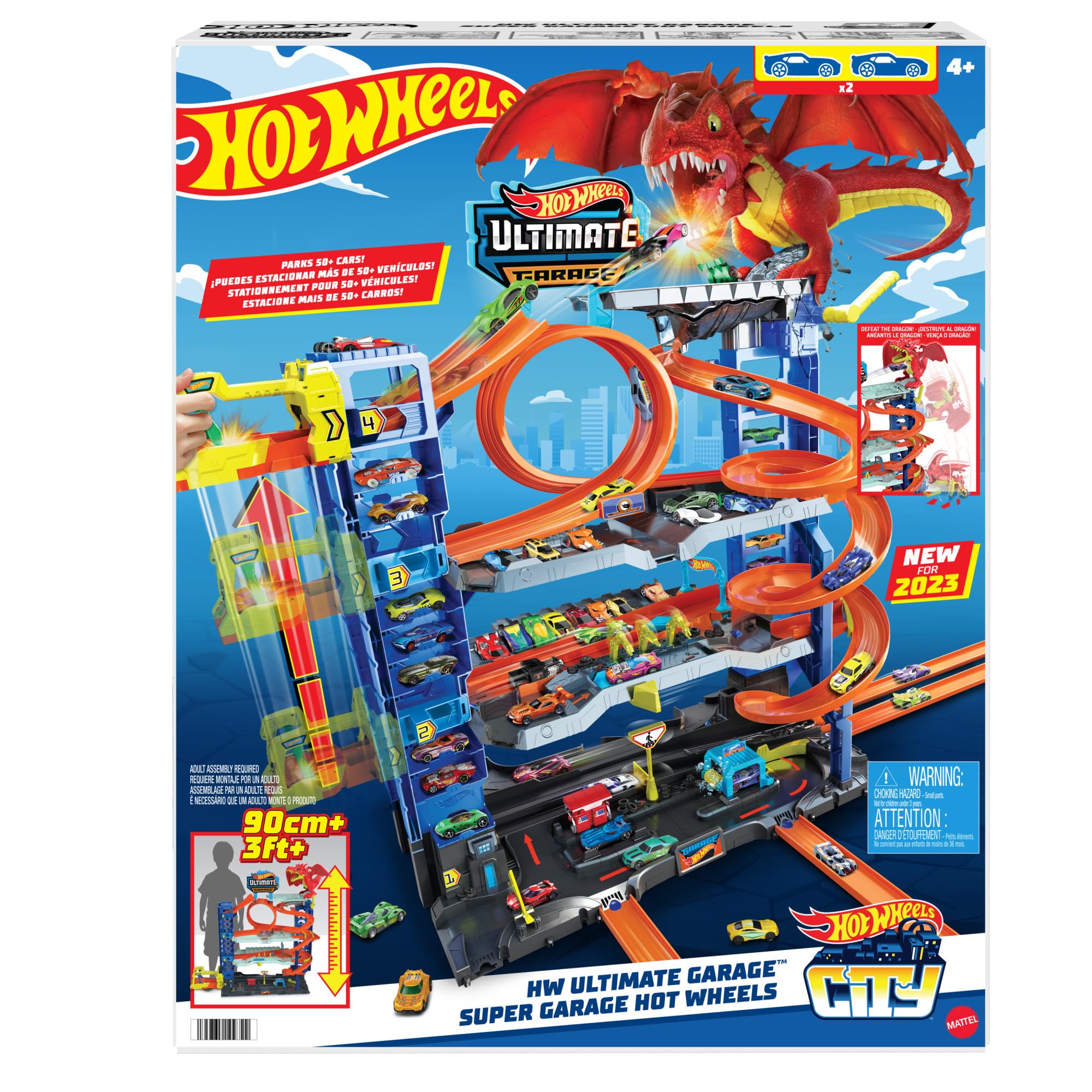 Hot Wheels Let's Race Netflix - City Ultimate Garage Playset with 2 Die-Cast Cars, Toy Storage for 50+ 1:64 Scale Cars, 4 Levels of Track Play, Defeat the Dragon, HKX48