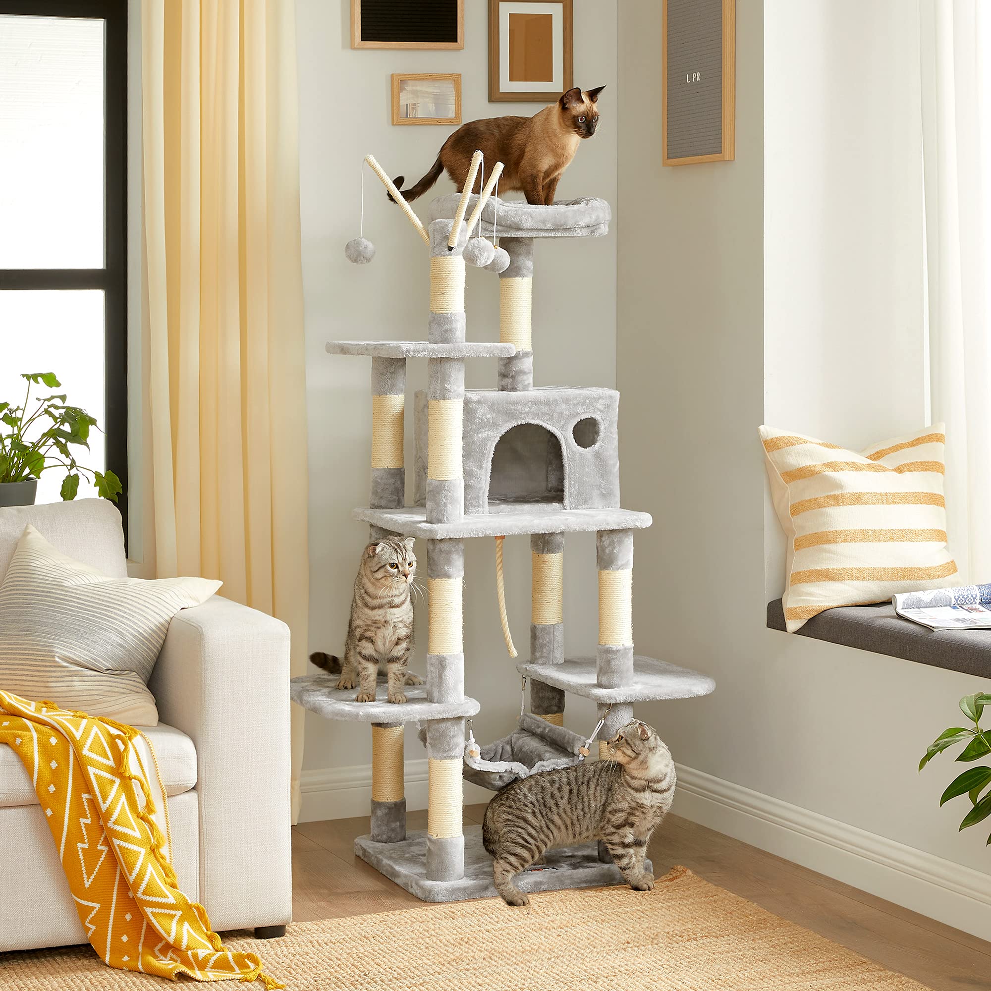 FEANDREA Cat Tree, Cat Condo with Hammock, Perch, Cat Tower, Light Grey PCT86W
