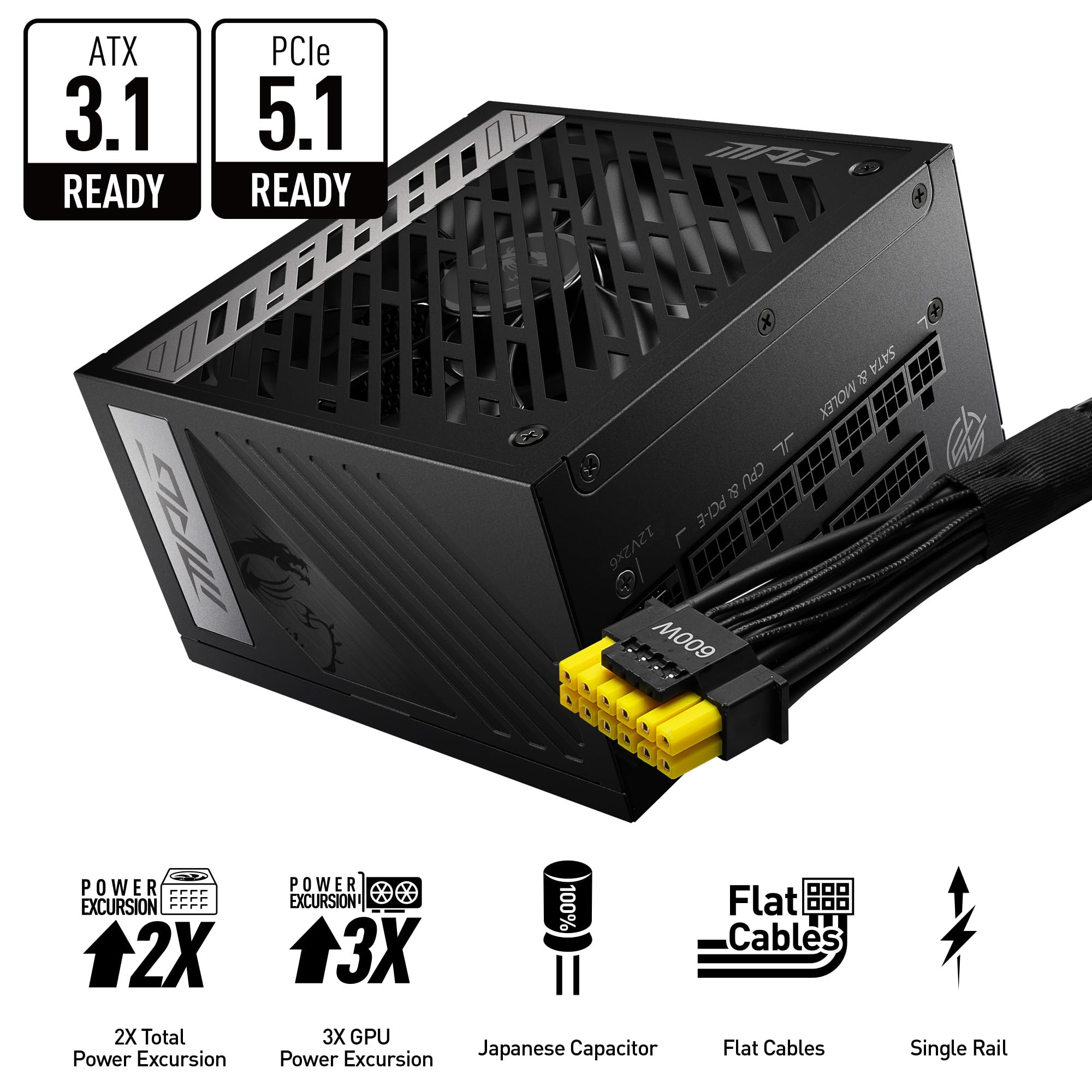 MSI MPG A1000G PCIE5 Power Supply Unit, UK Plug - 1000W, 80 Plus Gold Certified, Fully Modular ATX 3.0, PCIe 5.0 GPU Support, Japanese 105°C Capacitors, 0% RPM Mode, Flat Cables - 10 Year Warranty