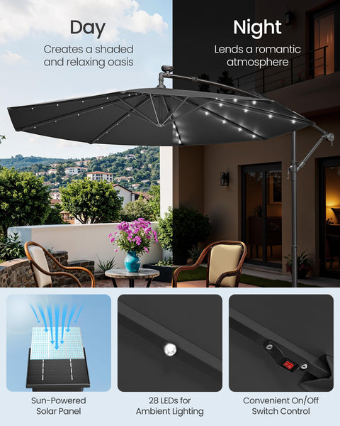 SONGMICS Cantilever Garden Parasol with Solar-Powered LED Lights, 3 m Banana Patio Umbrella with Base, Crank for Opening Closing, Sunshade with Protection UPF 50+, Beige GPU118M01