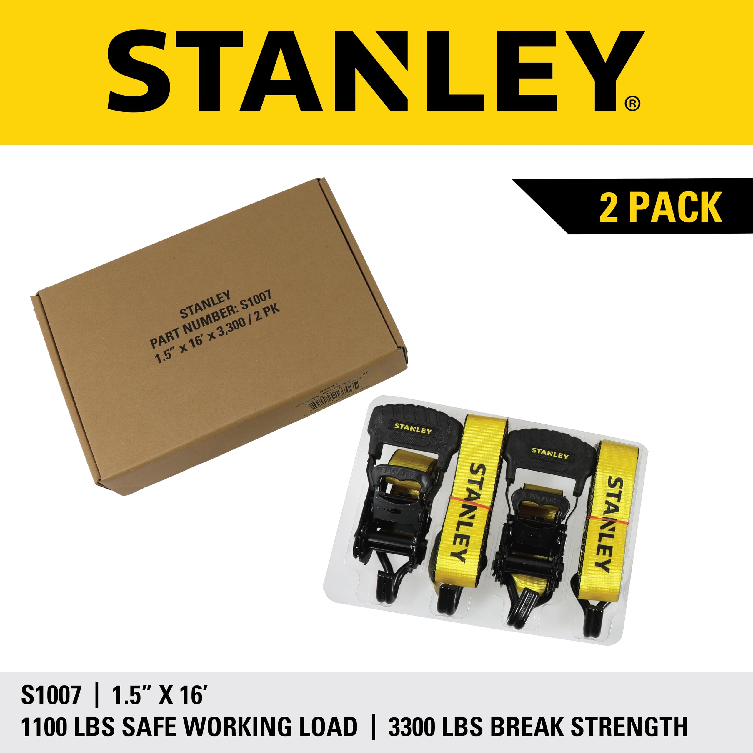 STANLEY S1007 Black/Yellow 1.5" x 16' Ratchet Tie Down Straps - 1,100 lb Safe Working Load / 3,300 lb Break Strength, 2 Pack
